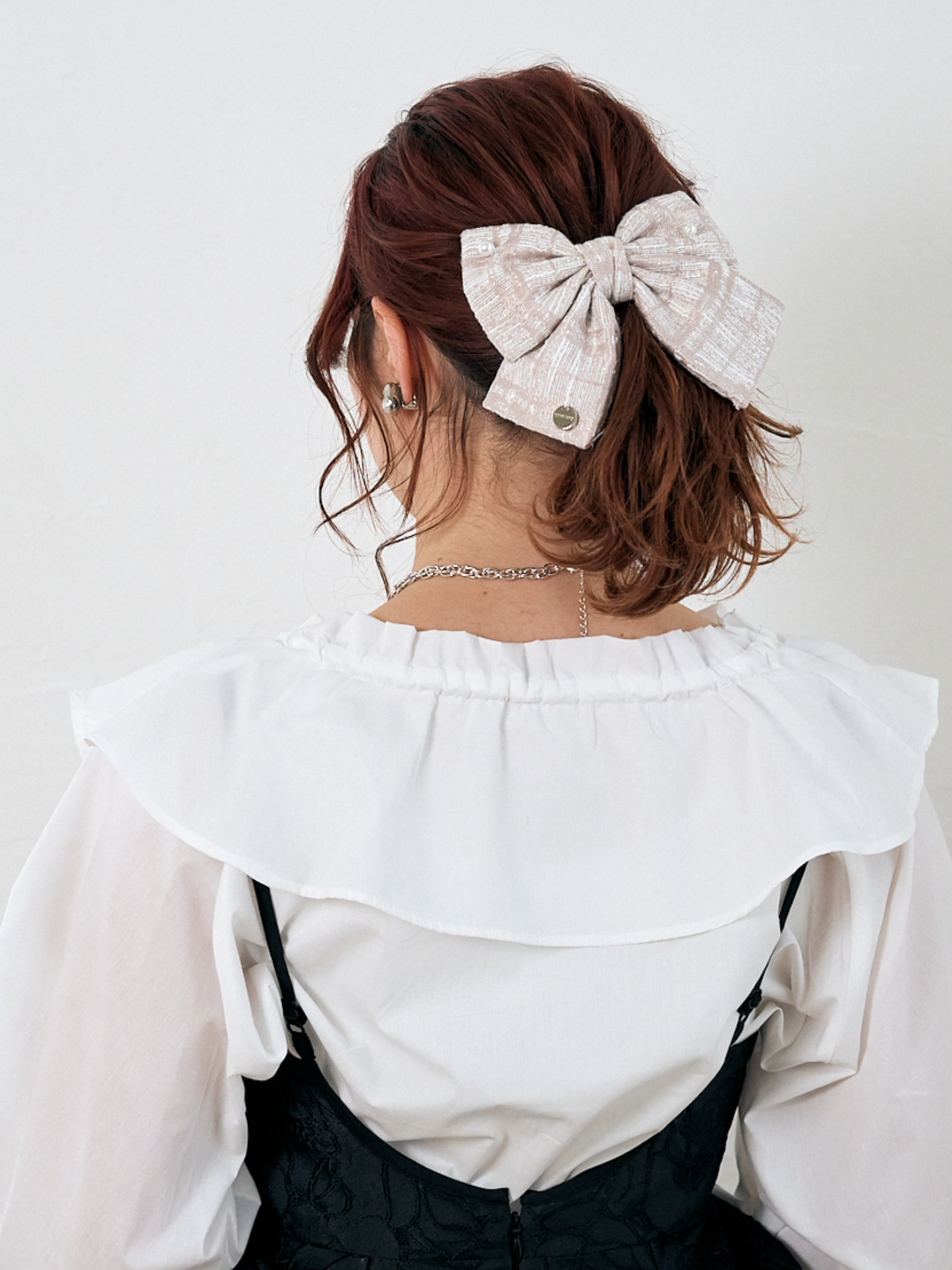 Tweed Pearl Ribbon Barrette　