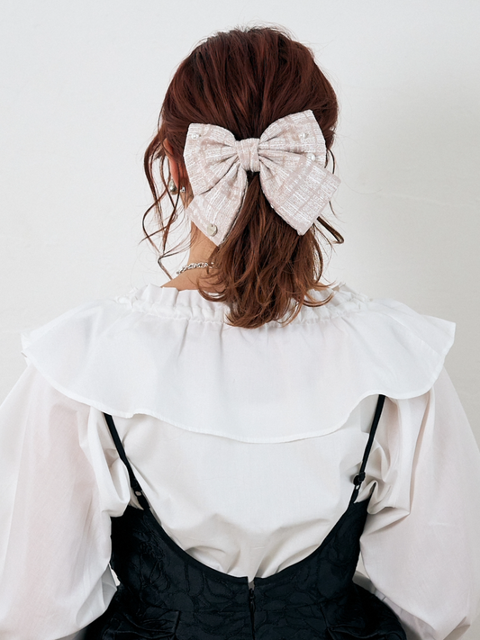Tweed Pearl Ribbon Barrette　